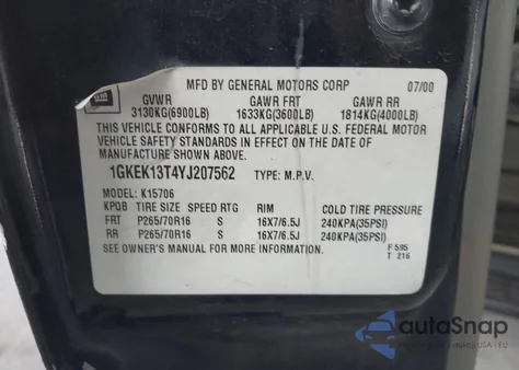 2000 GMC Yukon Slt из США, поврежденный, VIN 1GKEK13T4YJ207562